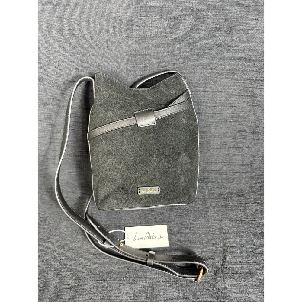 Sam Edelman Black Suede Bucket Crossbody Bag Gold Tone Buckle NWT